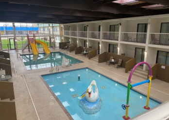 Image collage of indoor pool at Ramada hotel