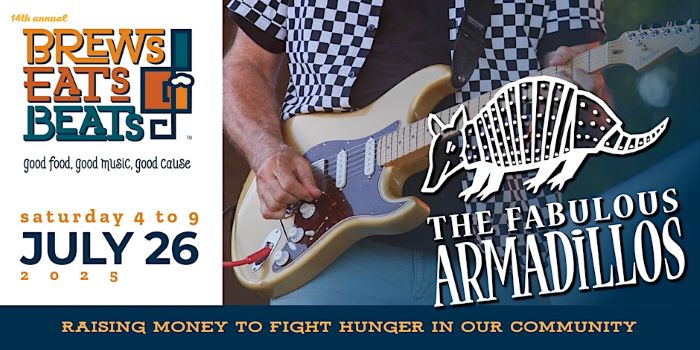 Photo of a guitar with event details for Brews Eats and Beats event July 26